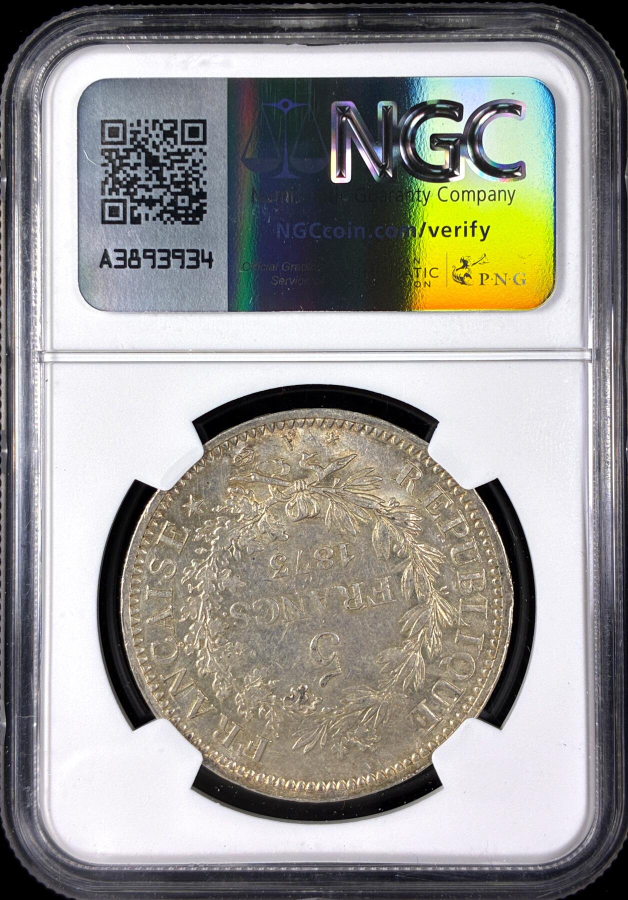 【雨安】【直播拍卖】【第0128期-评级币章】2026-03-14 周六 19:30 (金价1145, 银价22.39) [评级法国] France 法国 5法郎 KM#0820 (1870-1889) 大力神 1873年  NGC-UNC