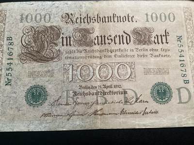 拍卖中。      德国马克1910年1000帝国银行