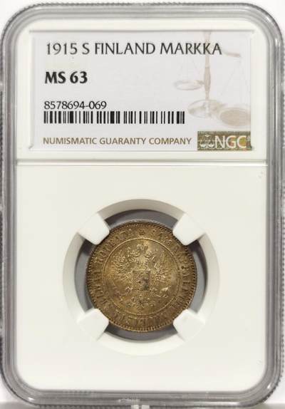 博洋堂世界钱币拍卖第164期（全场包邮） - NGC MS63 俄属芬兰1915年1马克银币，非常惊艳的黄油五彩硫化包浆，BU转光，绸缎光丝滑