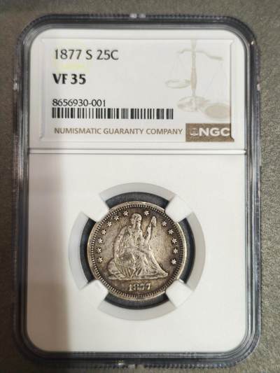 开店首拍 国内外机制币银元拍场 - NGC评级 VF35 1877年美国拿旗25美分银币 quarter dollar 6.25g 900银 少见品种 出分不易 成交记录很少 24年麦稀奇n盒20分成交价406不算佣金 老酱彩包浆 味道十分美味 有40分状态