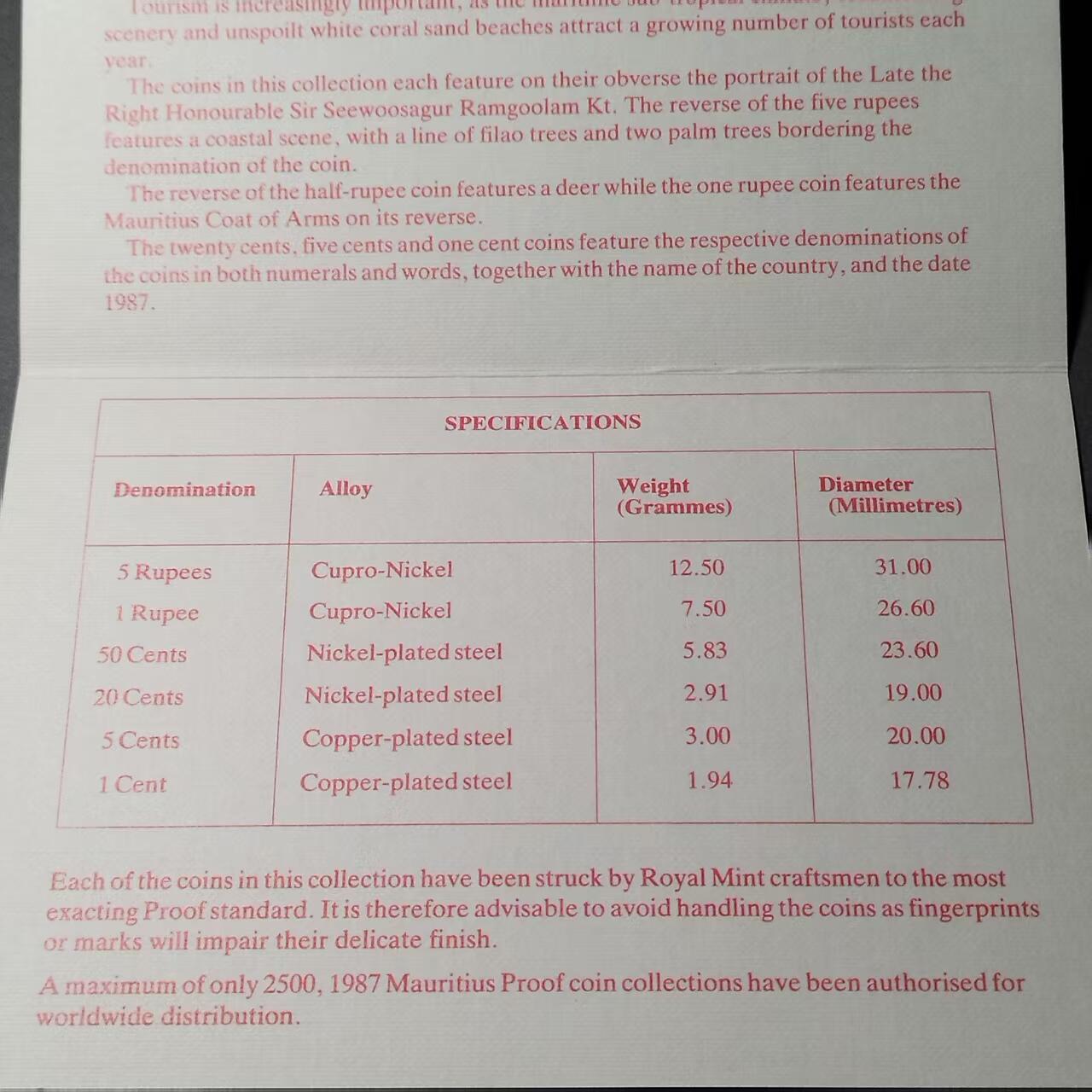 长老汇马年精选第八场拍卖 毛里求斯1987年官方精制套币，含六枚精制币，发行量：2500