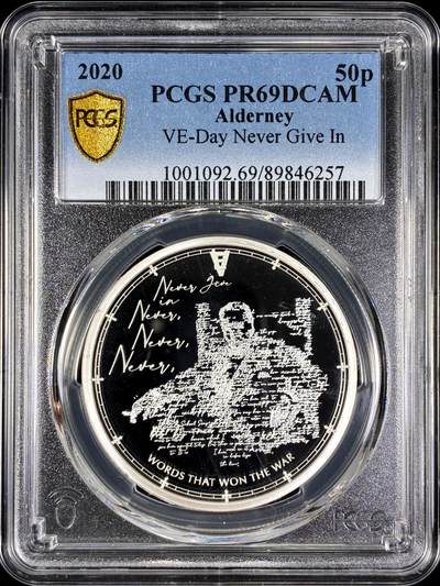 【雨安】【直播拍卖】【第0128期-评级币章】2026-03-14 周六 19:30 (金价1145, 银价22.39) - [评级现代] Alderney 奥尔德尼 50便士 2020年 VE-Day PCGS-PR69DCAM 精制币