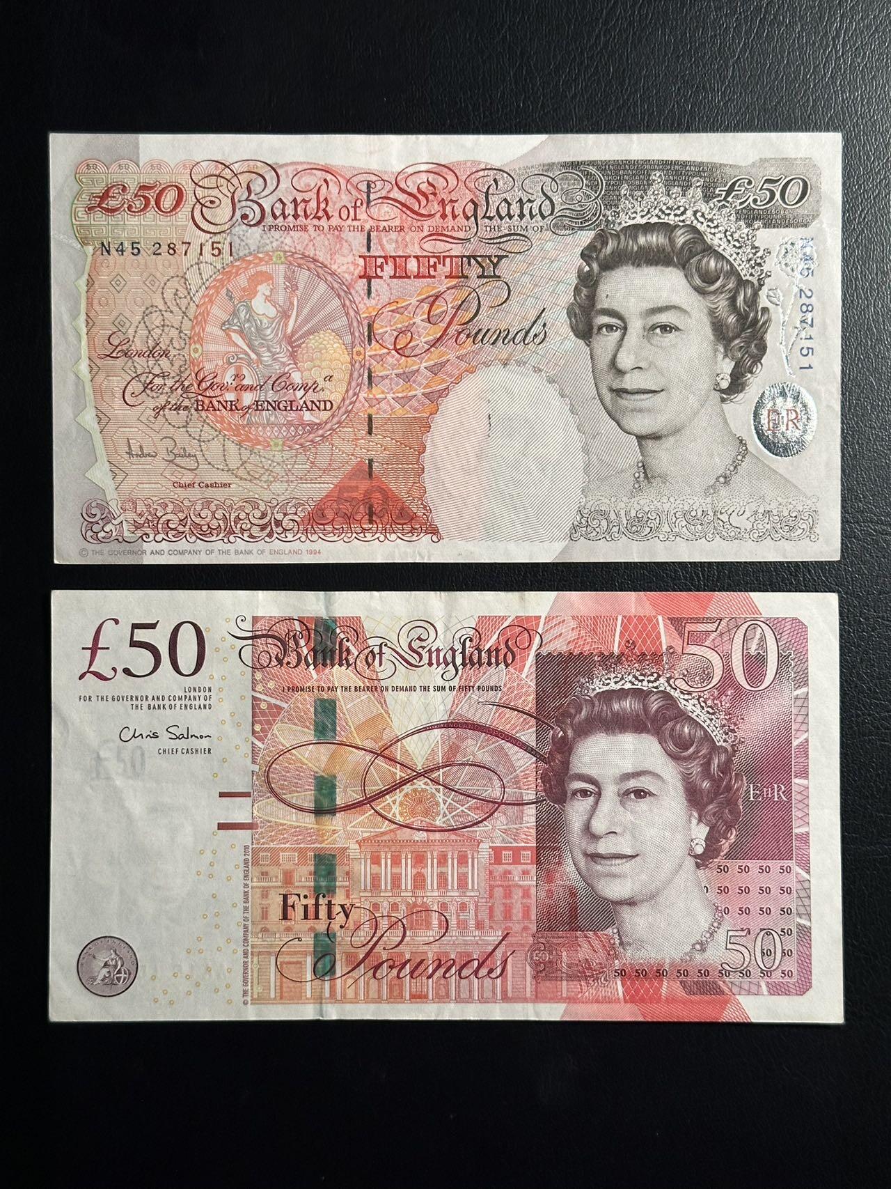 丙午马年三月第二场 精品更新 英国2个版本50镑，最大面额！品相au。其中一张稀有AA无47！女王头像的绝唱。