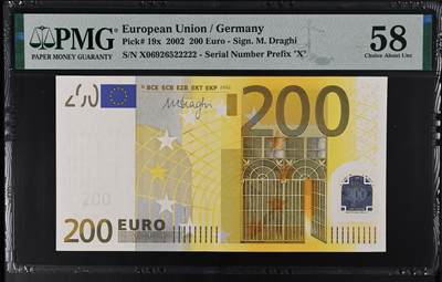 【礼羽收藏】🌏世界钱币拍卖128期 - （号码无347 大象尾号22222）三签 2002版 德国版 200欧