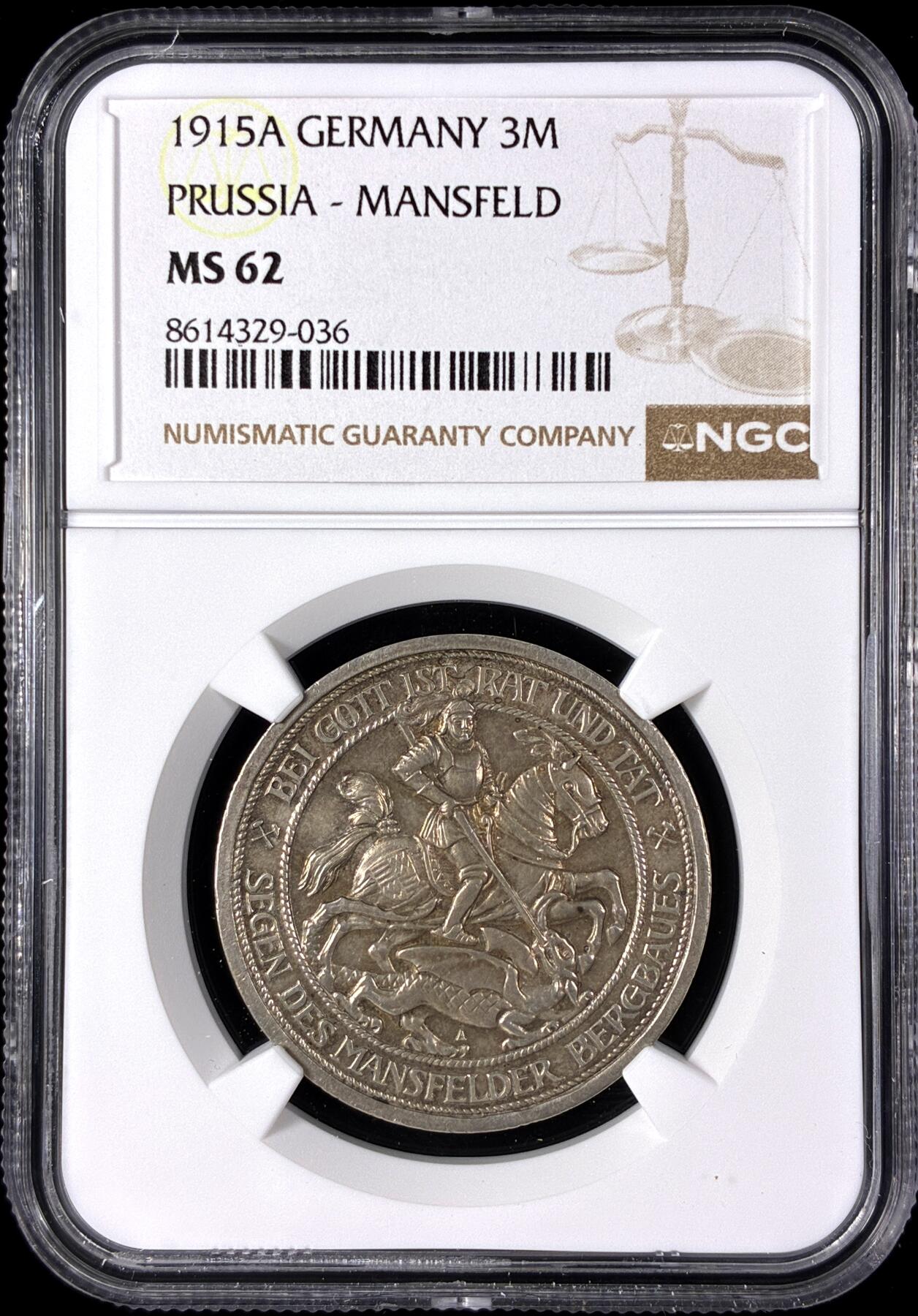 【雨安】【直播拍卖】【第0128期-评级币章】2026-03-14 周六 19:30 (金价1145, 银价22.39) [评级德国] Germany 德国 帝国 J.115 普鲁士 3马克 (1915) 屠龙 1915年  NGC-MS62