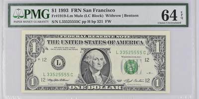 【礼羽收藏】🌏世界钱币拍卖128期 -  （号码无47 狮子尾号）1993年 1美 PMG64E