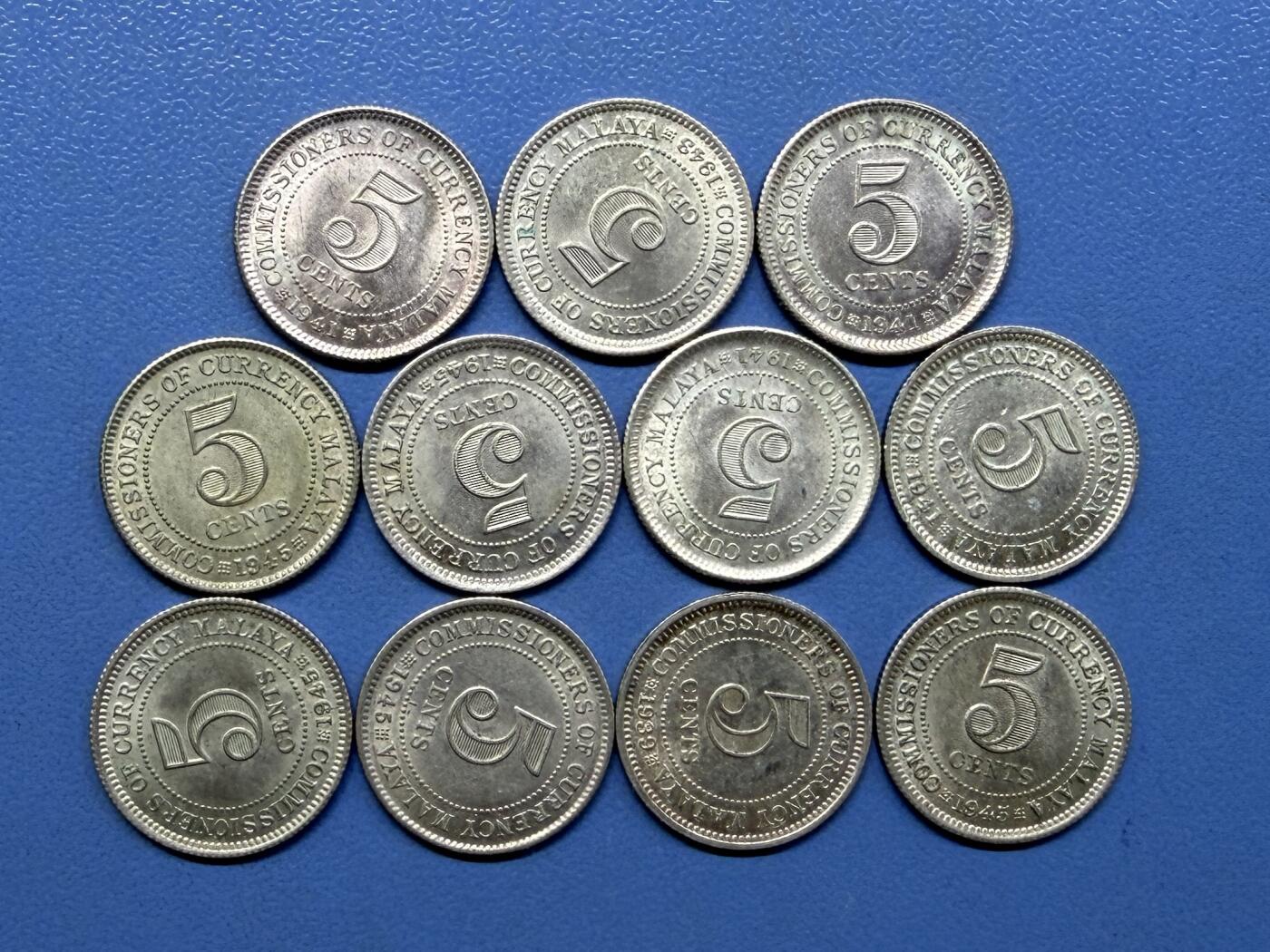 外国银币拍卖 11枚1939-45海峡国英属马来亚乔治六世银币5分小银币 实物图#5