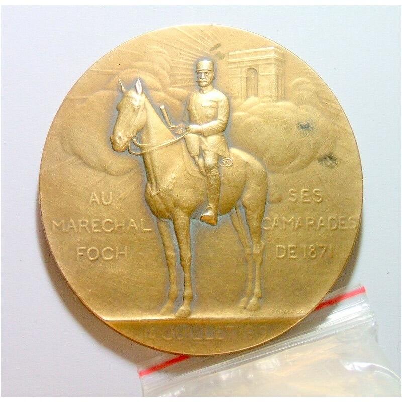【艺术】法国艺术大章1919年 一战胜利+福煦元帅骑马+凯旋门 高浮雕精制超大铜章 68MM 141克