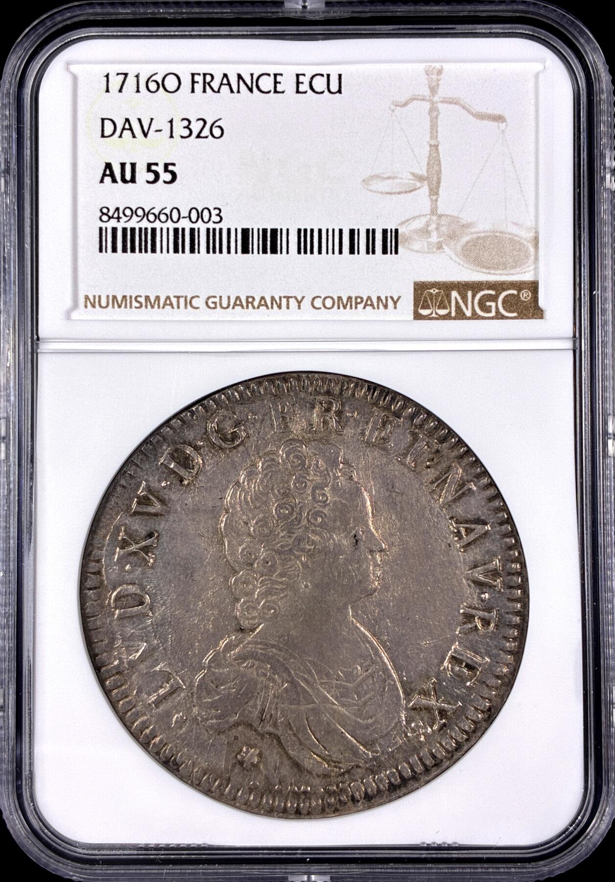 【雨安】【直播拍卖】【第0128期-评级币章】2026-03-14 周六 19:30 (金价1145, 银价22.39) [评级法国] France 法国 1埃居 KM#0414 (1715-1718) 路易十五 儿童版小头像 1716年O  NGC-AU55 原味淡美包浆, 带底光