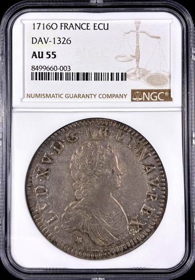 【雨安】【直播拍卖】【第0128期-评级币章】2026-03-14 周六 19:30 (金价1145, 银价22.39) - [评级法国] France 法国 1埃居 KM#0414 (1715-1718) 路易十五 儿童版小头像 1716年O  NGC-AU55 原味淡美包浆, 带底光