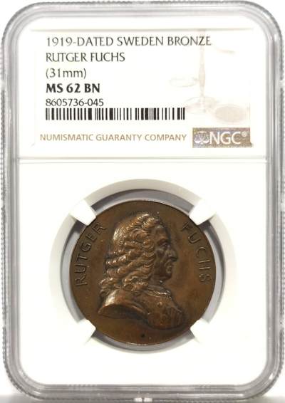 博洋堂世界钱币拍卖第164期（全场包邮） - NGC MS62BN 瑞典1919年鲁特格·富克斯（Rutger Fuchs）纪念铜章