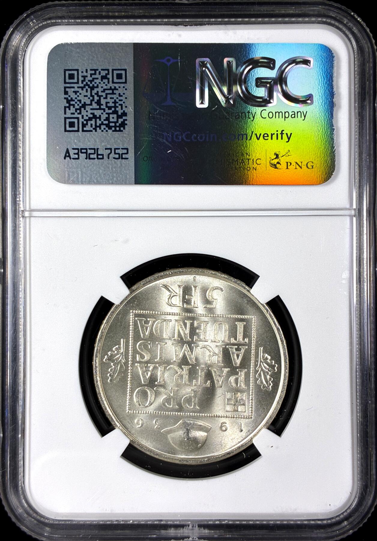 【雨安】【直播拍卖】【第0128期-评级币章】2026-03-14 周六 19:30 (金价1145, 银价22.39) [评级欧洲] Switzerland 瑞士 5法郎 1936年 军备基金 KM# 41  NGC-MS65