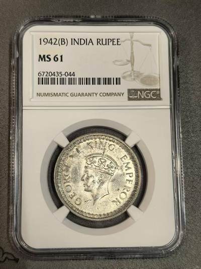 开店首拍 国内外机制币银元拍场 - NGC-MS61 英属印度 1942年乔治六世1卢比银币B版孟买厂 转光未流通 NGC评级币