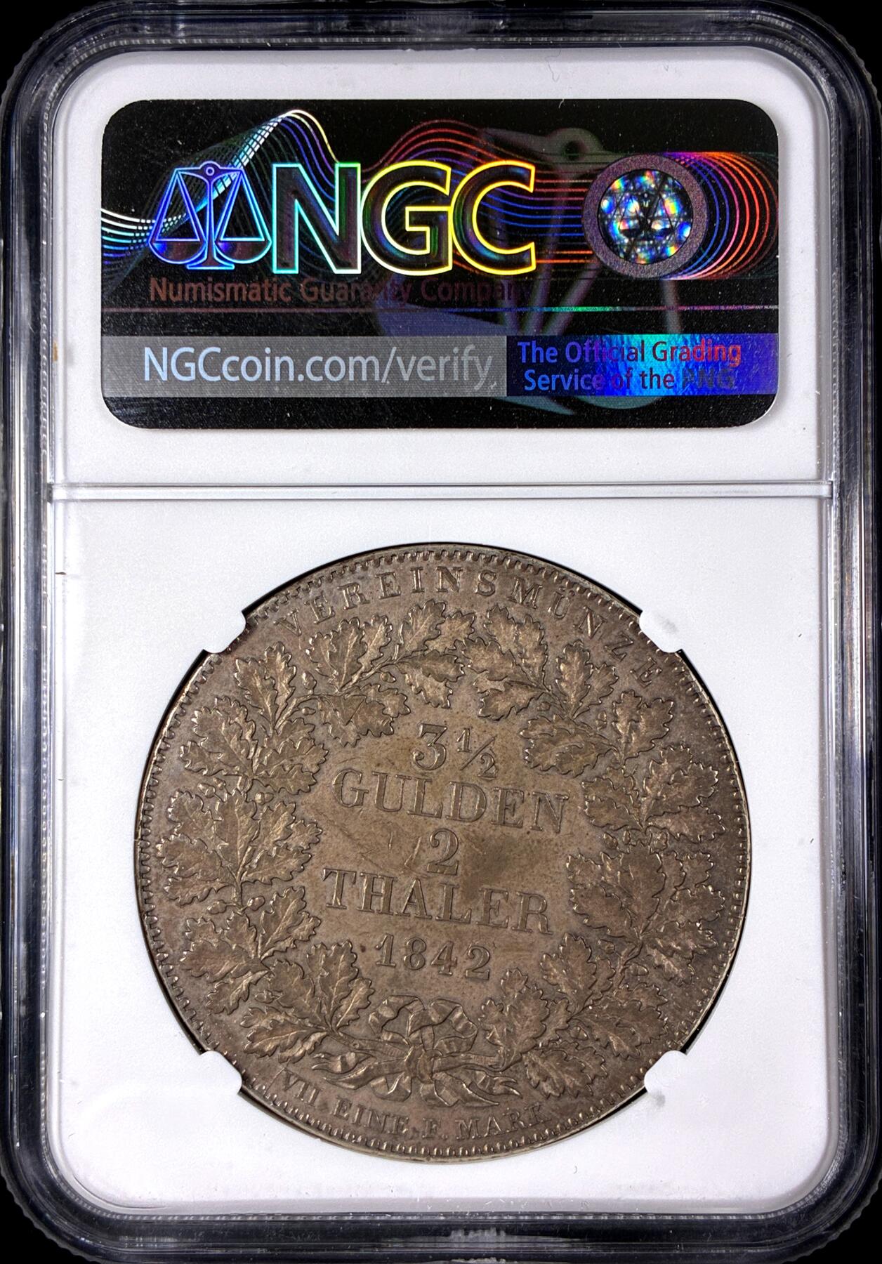 【雨安】【直播拍卖】【第0128期-评级币章】2026-03-14 周六 19:30 (金价1145, 银价22.39) [评级德国] Germany 德国 德意志 2泰勒 Frankfurt法兰克福 Thun.131 KM#0329 (1841-1855) 鹰 1842年  NGC-MS61 原味淡美包浆 此品种的MS品质异常难得