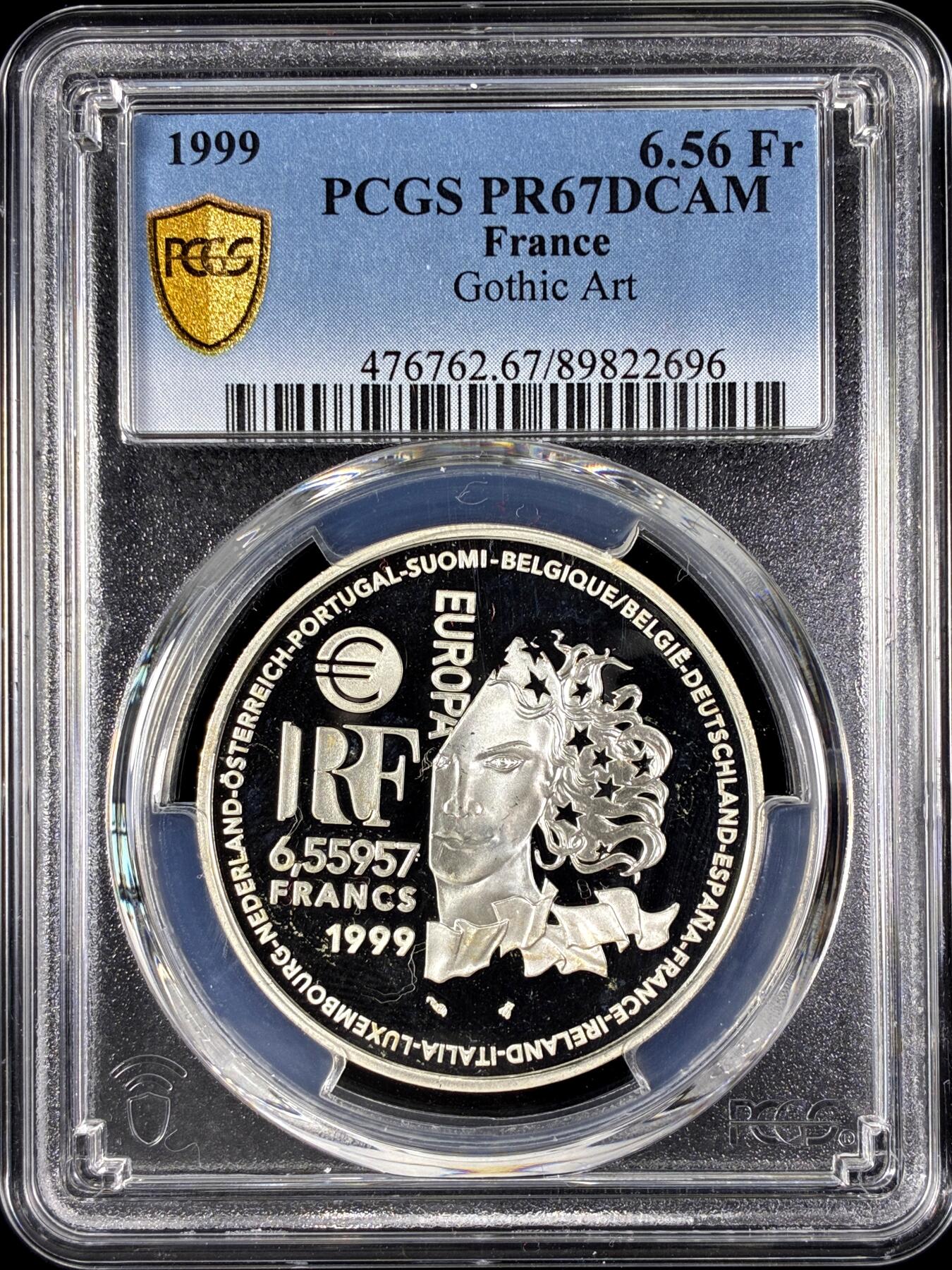 【雨安】【直播拍卖】【第0128期-评级币章】2026-03-14 周六 19:30 (金价1145, 银价22.39) [评级现代] France 法国 6.56法郎 1999年 哥特艺术 PCGS-PR67DCAM 精制币