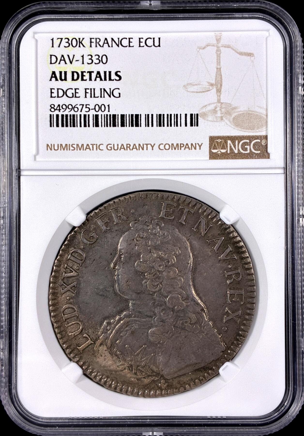 【雨安】【直播拍卖】【第0128期-评级币章】2026-03-14 周六 19:30 (金价1145, 银价22.39) [评级法国] France 法国 1埃居 KM#0486 (1726-1739) 路易十五 青年版 1730年K  NGC-AU 少见好品, 细节极佳