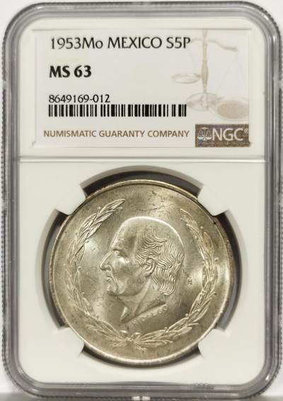 博洋堂世界钱币拍卖第164期（全场包邮） - NGC MS63 墨西哥1953年5比索热门大银币，含银750
