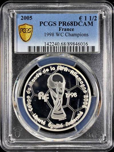 【雨安】【直播拍卖】【第0128期-评级币章】2026-03-14 周六 19:30 (金价1145, 银价22.39) - [评级欧元] France 欧元 法国 1.5欧元 2005年 98世界杯冠军 PCGS-PR68DCAM 精制币