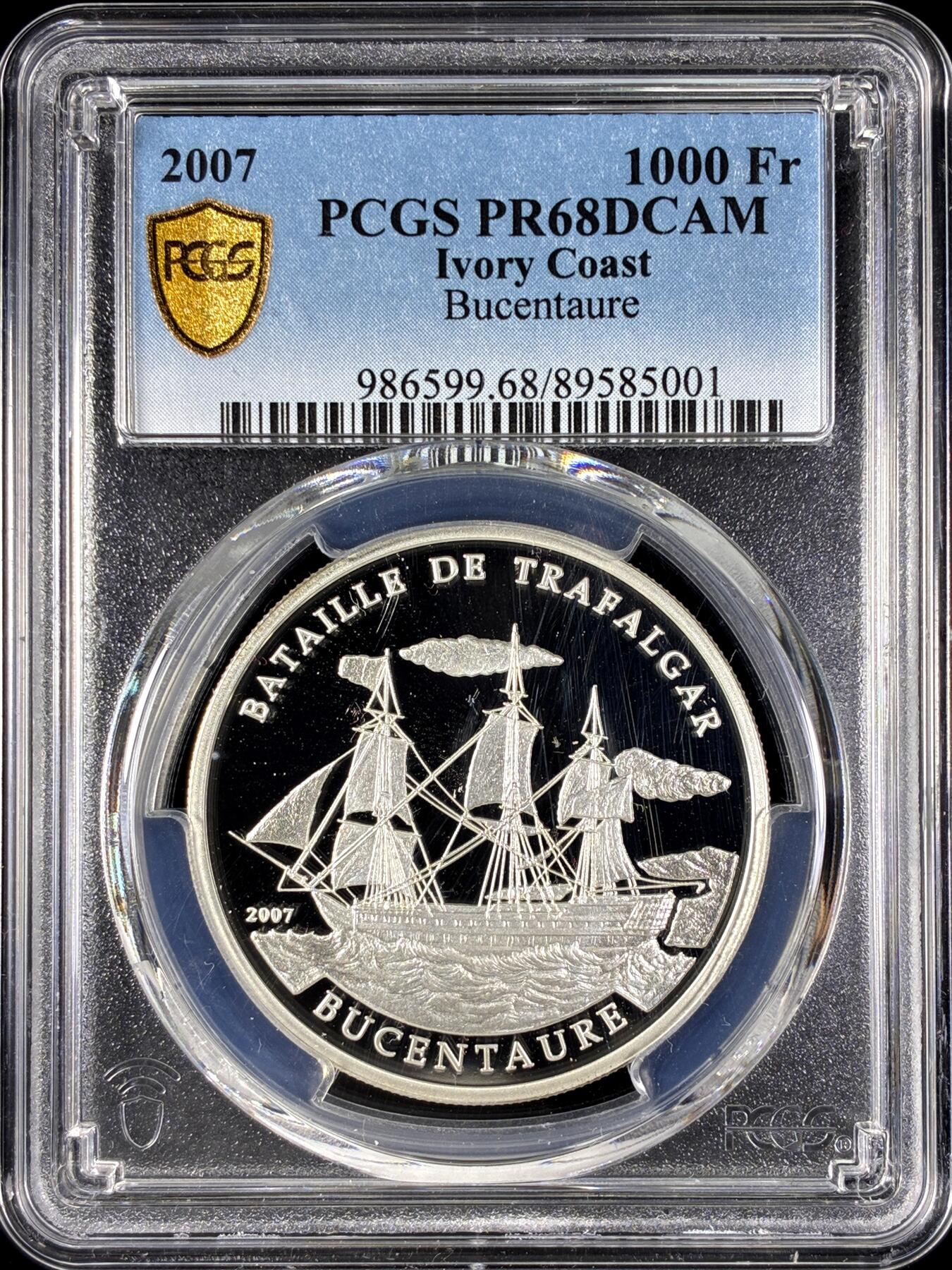【雨安】【直播拍卖】【第0128期-评级币章】2026-03-14 周六 19:30 (金价1145, 银价22.39) [评级现代] Ivory Coast 科特迪瓦 1000法郎 2007年 帆船布森托雷号 PCGS-PR68DCAM 精制币