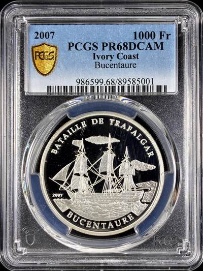 【雨安】【直播拍卖】【第0128期-评级币章】2026-03-14 周六 19:30 (金价1145, 银价22.39) - [评级现代] Ivory Coast 科特迪瓦 1000法郎 2007年 帆船布森托雷号 PCGS-PR68DCAM 精制币