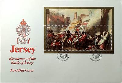 ↓君缘收藏760期☞钱币邮品↓无佣金、可寄存、满30元包邮  - 英属新泽西邮票，1981年泽西岛战役200周年:约翰·科普利画作《皮尔逊少校之死》小全张首日封(大封)