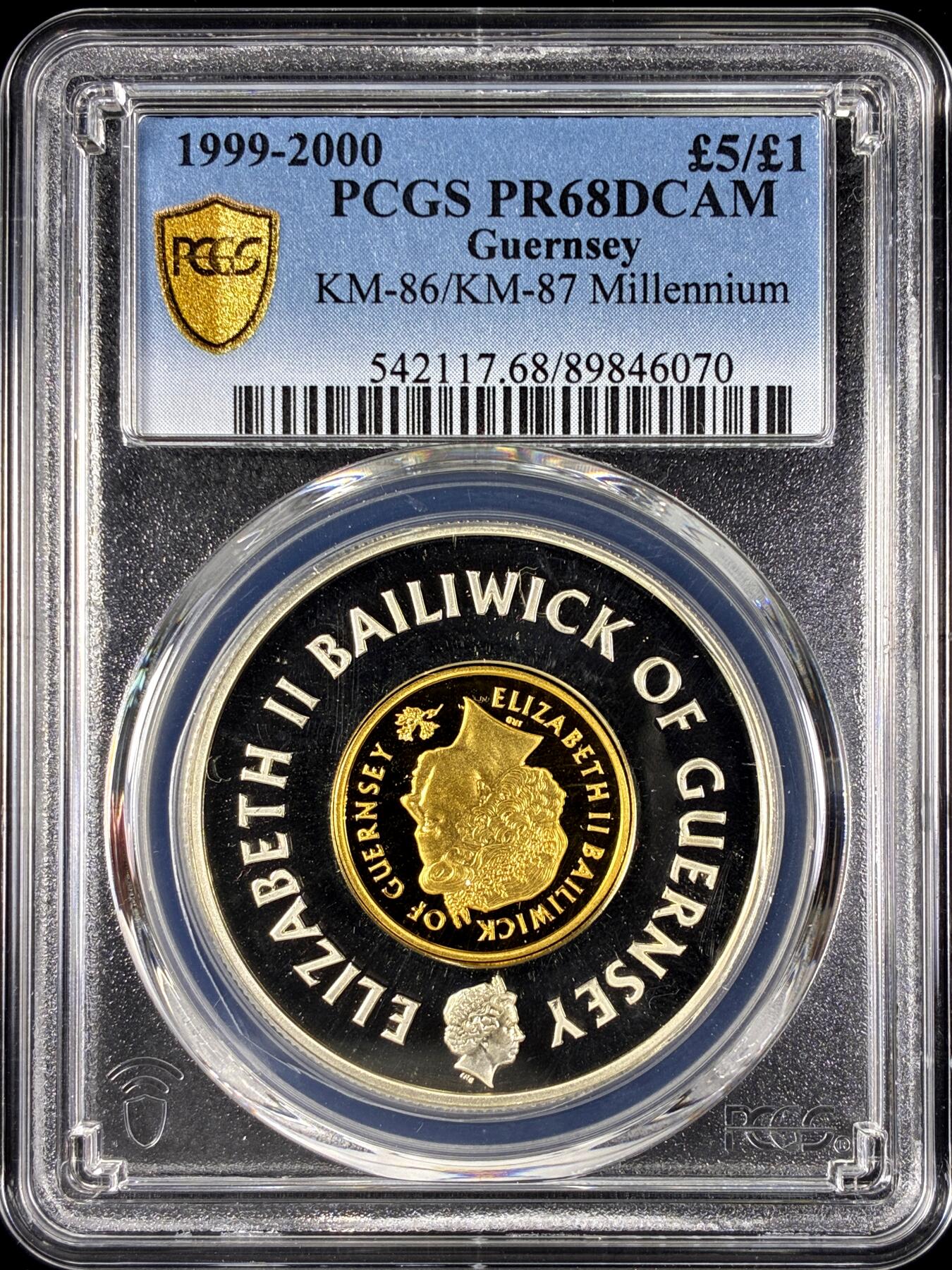 【雨安】【直播拍卖】【第0128期-评级币章】2026-03-14 周六 19:30 (金价1145, 银价22.39) [评级现代] Guernsey 根西 5镑/1镑 1999年/2000年 千禧年 PCGS-PR68DCAM 精制币
