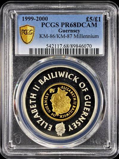 【雨安】【直播拍卖】【第0128期-评级币章】2026-03-14 周六 19:30 (金价1145, 银价22.39) - [评级现代] Guernsey 根西 5镑/1镑 1999年/2000年 千禧年 PCGS-PR68DCAM 精制币