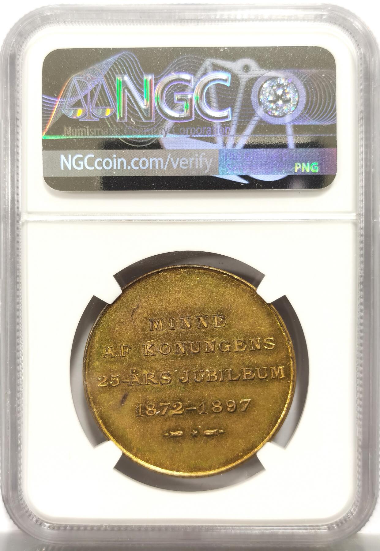 博洋堂世界钱币拍卖第164期（全场包邮） NGC MS62 瑞典1897年奥斯卡二世登基25周年镀金铜章，33mm，少见