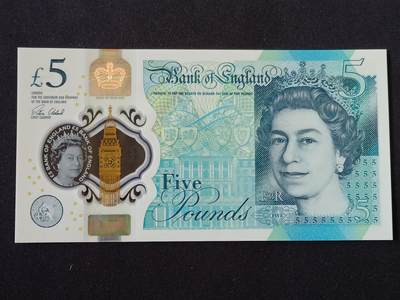 【游宝拍卖】丙午马年第11期 - 英国-5镑【女王版 G序列 全新UNC】