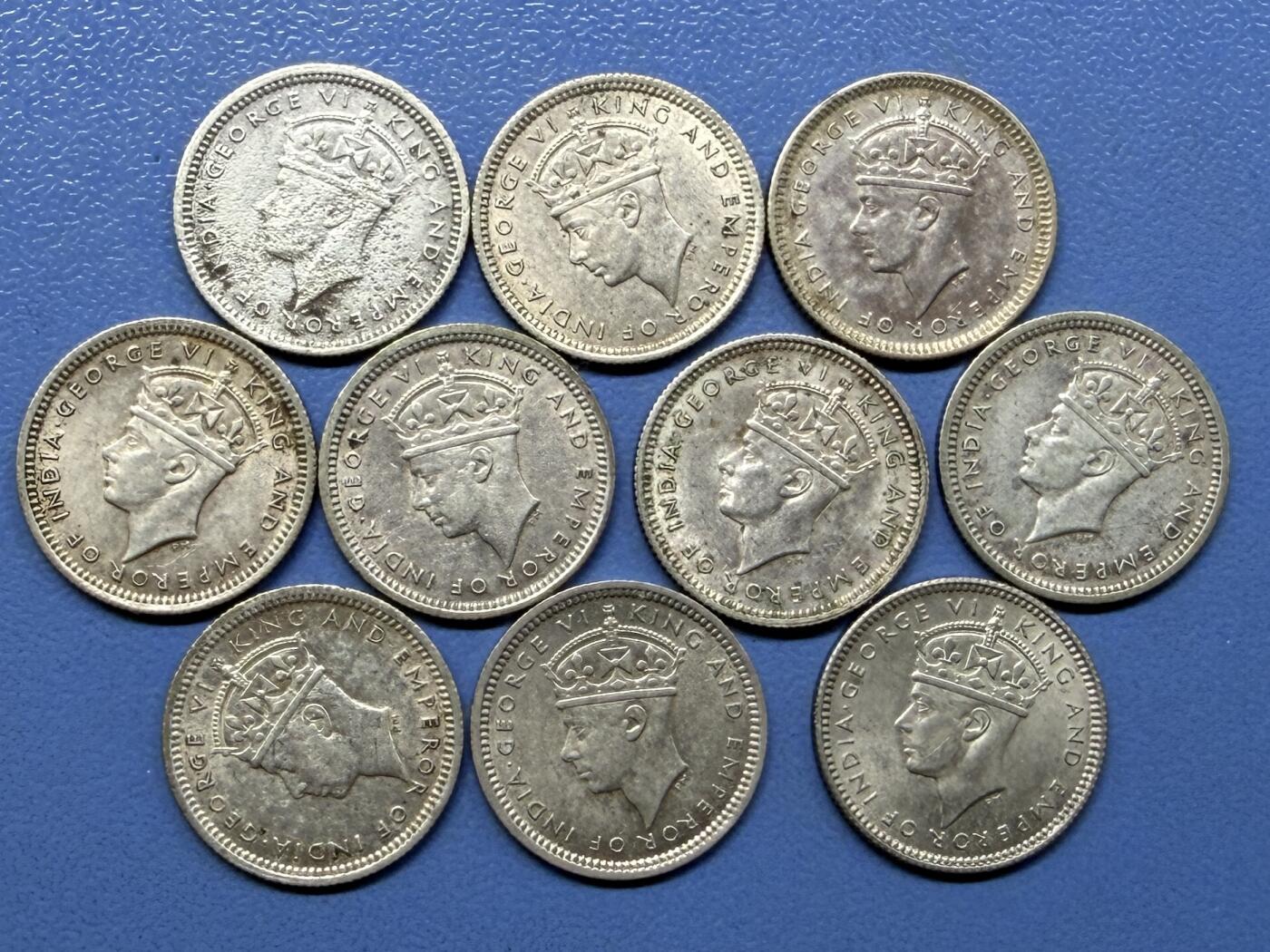外国银币拍卖 10枚1939-45海峡国英属马来亚乔治六世银币5分小银币 实物图#4