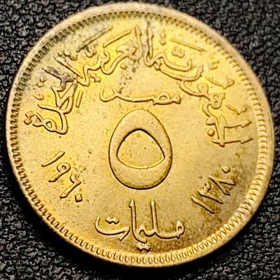 泉币菌-第208场-拍品多 请提前出价 - 原铜光美品 双星鹰盾 埃及5米利姆铝青铜币 1960年代 21毫米4.7克