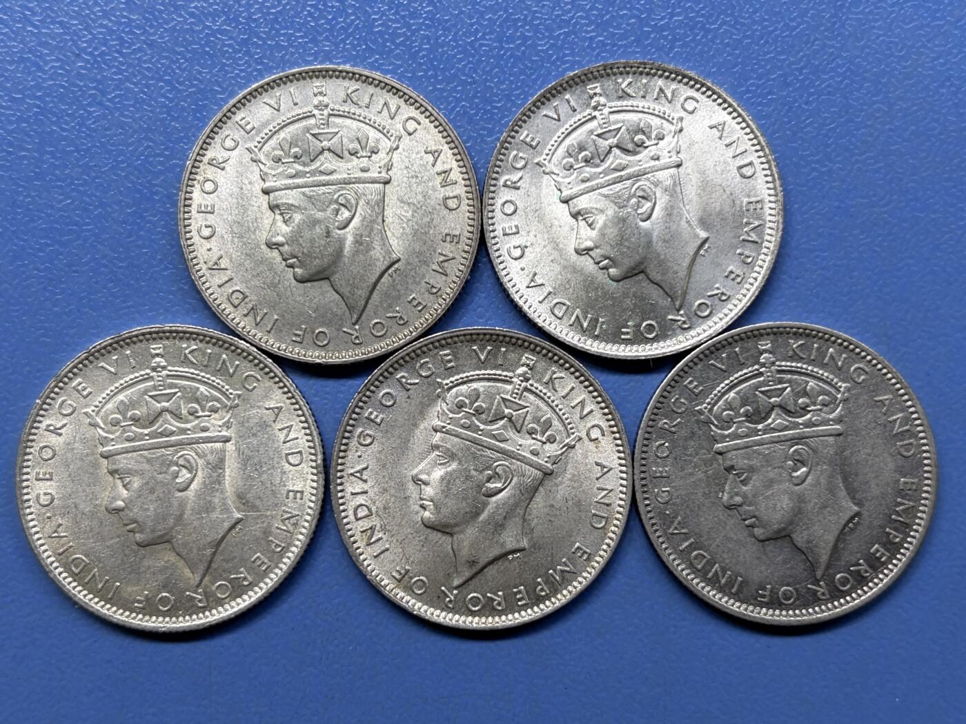 外国银币拍卖 1939-45年5枚英属马来亚 20分银币实物图