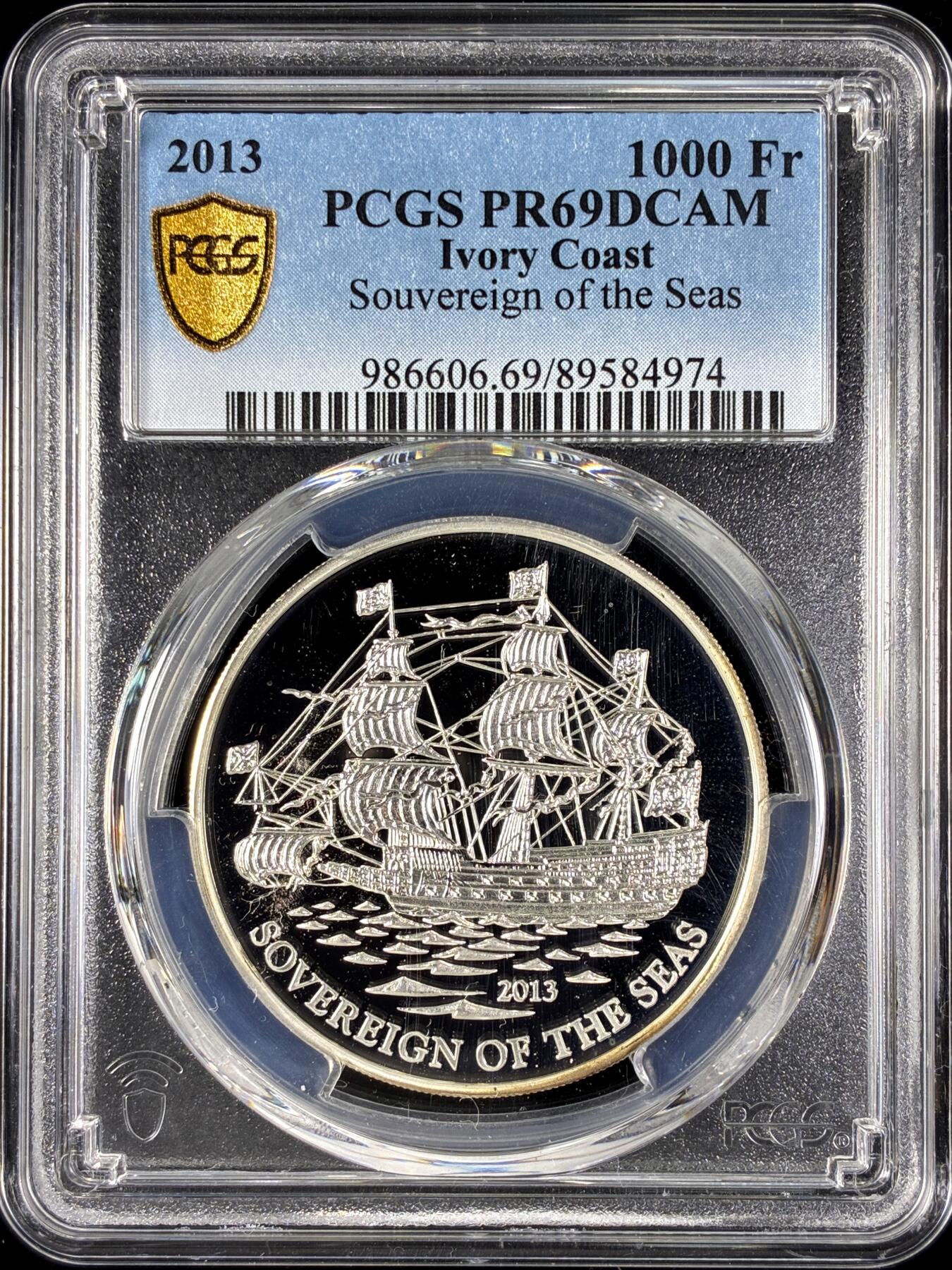 【雨安】【直播拍卖】【第0128期-评级币章】2026-03-14 周六 19:30 (金价1145, 银价22.39) [评级现代] Ivory Coast 科特迪瓦 1000法郎 2013年 帆船 PCGS-PR69DCAM 精制币