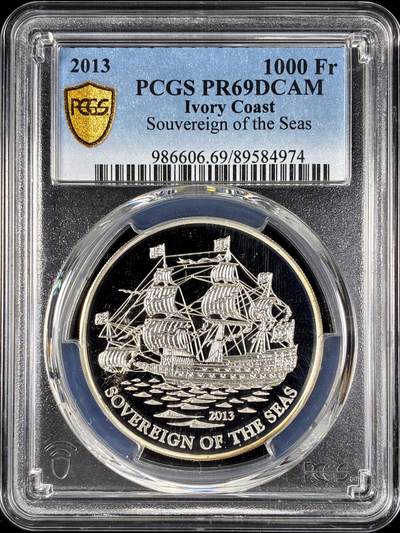 【雨安】【直播拍卖】【第0128期-评级币章】2026-03-14 周六 19:30 (金价1145, 银价22.39) - [评级现代] Ivory Coast 科特迪瓦 1000法郎 2013年 帆船 PCGS-PR69DCAM 精制币