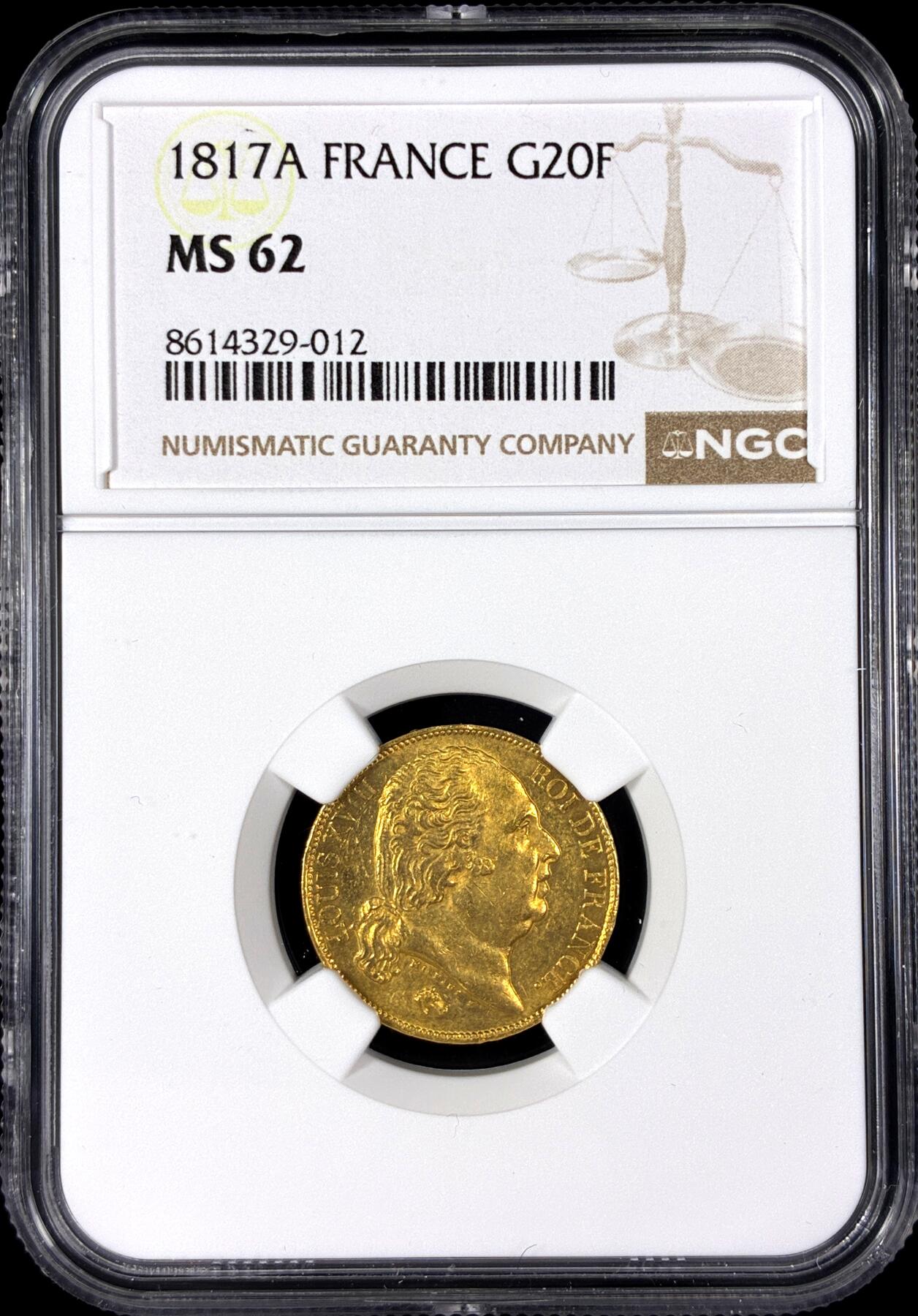 【雨安】【直播拍卖】【第0128期-评级币章】2026-03-14 周六 19:30 (金价1145, 银价22.39) [评级金铂] France [金币] 法国 20法郎 1817年 路易十八  NGC-MS62