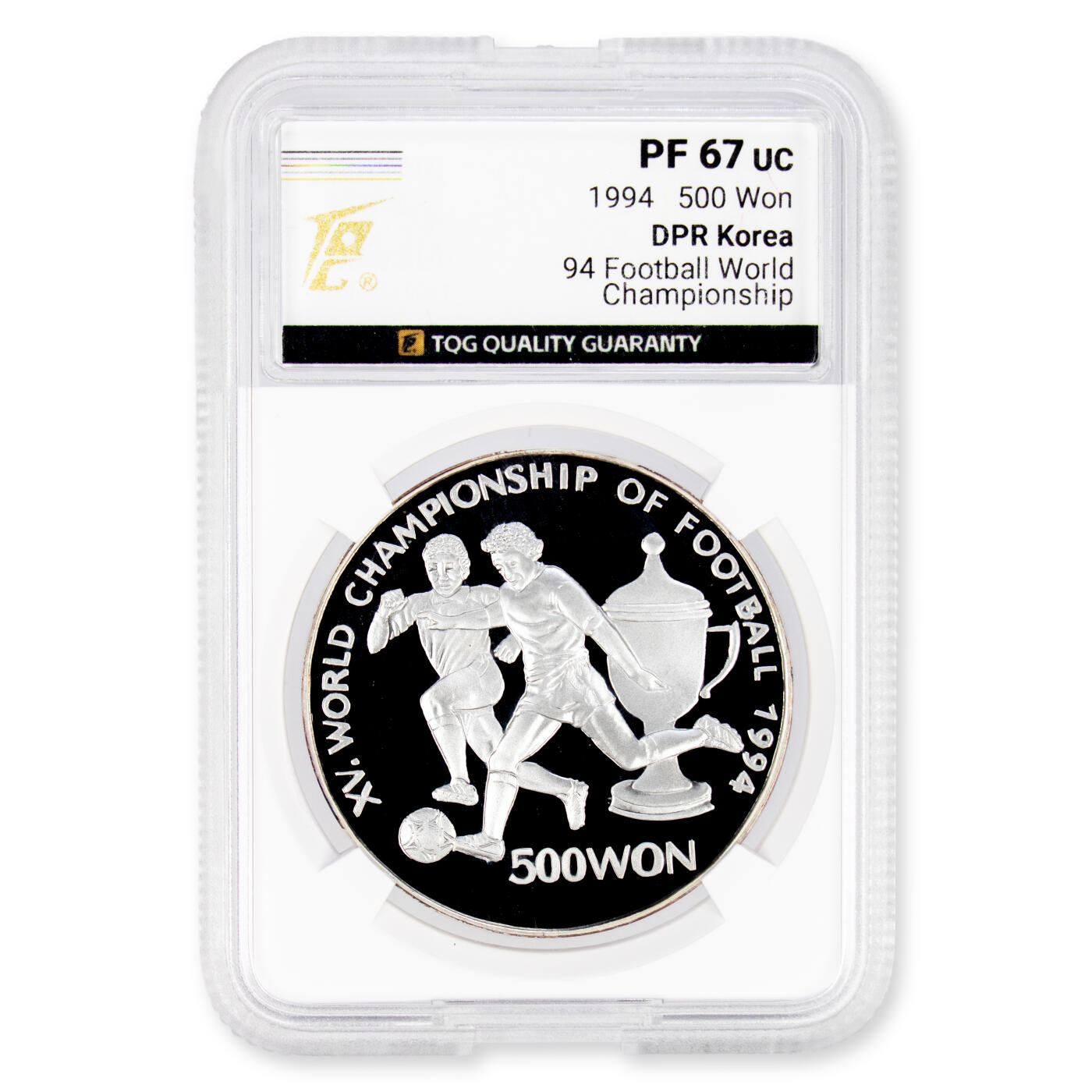 1994年朝鲜-第15届世界杯足球赛银币1盎司999纯银纪念币TQG评级 67