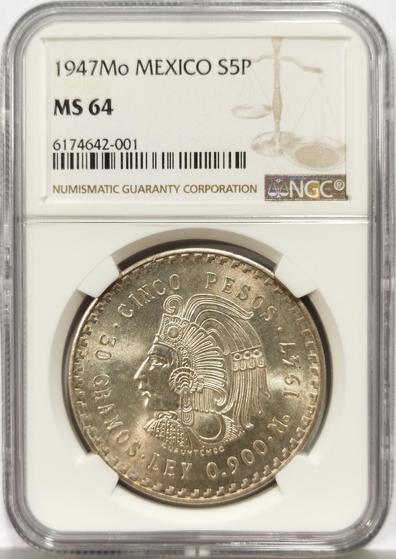博洋堂世界钱币拍卖第164期（全场包邮） NGC MS64 墨西哥1947年酋长5比索大银币，不是烂大街的1948，发行量少了一整个0。