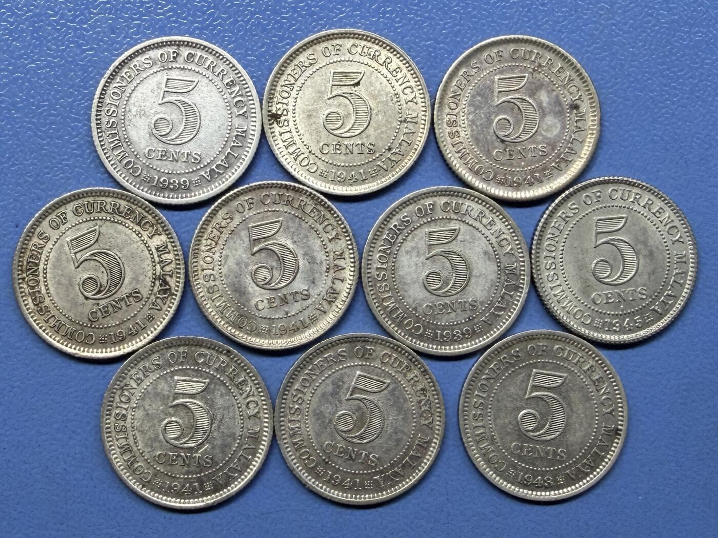 外国银币拍卖 10枚1939-45海峡国英属马来亚乔治六世银币5分小银币 实物图#4