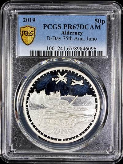【雨安】【直播拍卖】【第0128期-评级币章】2026-03-14 周六 19:30 (金价1145, 银价22.39) - [评级现代] Alderney 奥尔德尼 50便士 2019年 D-Day PCGS-PR67DCAM 精制币