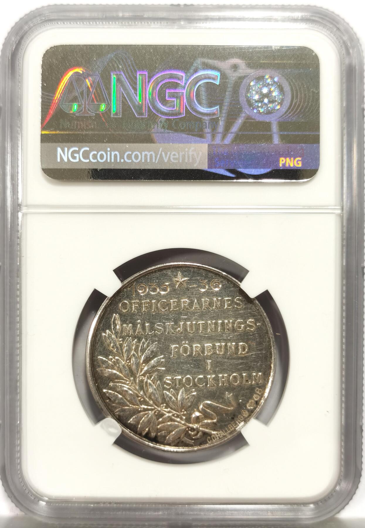 博洋堂世界钱币拍卖第164期（全场包邮） NGC UNC 瑞典1936年斯德哥尔摩官方画家协会纪念银章，正面是国王古斯塔夫六世