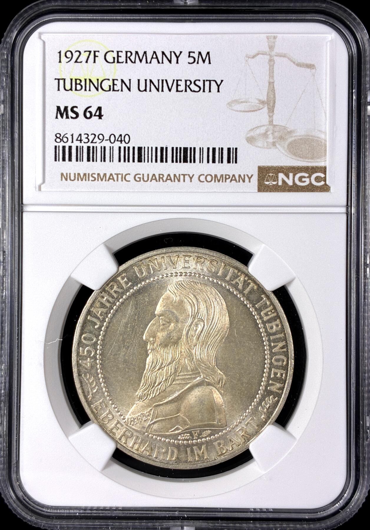 【雨安】【直播拍卖】【第0128期-评级币章】2026-03-14 周六 19:30 (金价1145, 银价22.39) [评级德国] Germany 德国 魏玛 5马克 KM#55 图宾根大学 1927年  NGC-MS64 丝绸般粉光