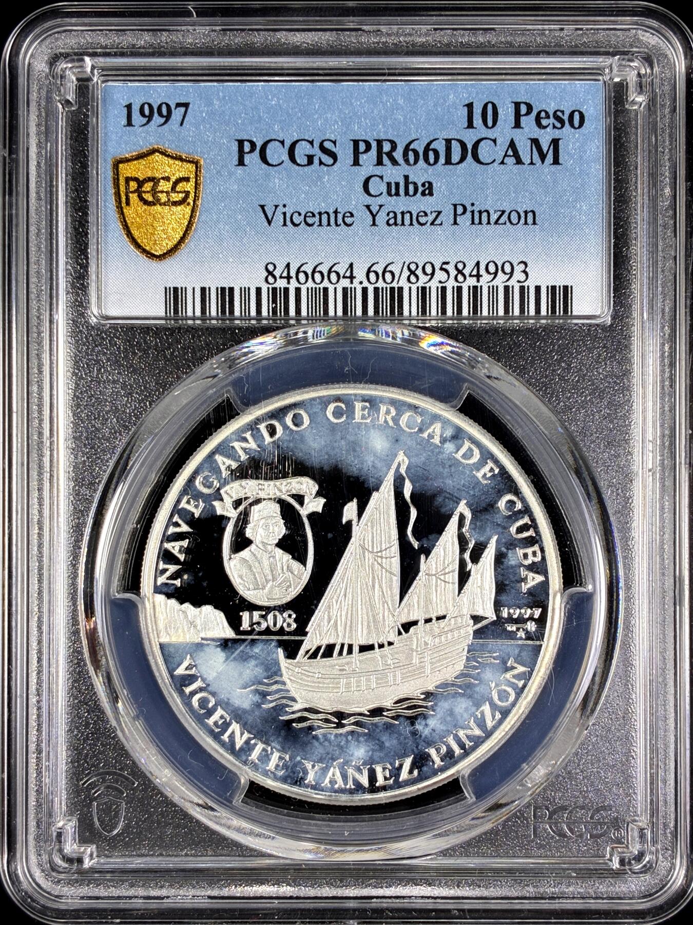 【雨安】【直播拍卖】【第0128期-评级币章】2026-03-14 周六 19:30 (金价1145, 银价22.39) [评级现代] Cuba 古巴 10比索 1997年 西班牙探险家平松 PCGS-PR66DCAM 精制币