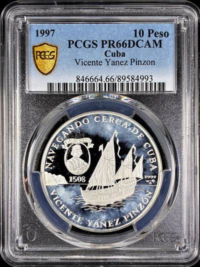 【雨安】【直播拍卖】【第0128期-评级币章】2026-03-14 周六 19:30 (金价1145, 银价22.39) - [评级现代] Cuba 古巴 10比索 1997年 西班牙探险家平松 PCGS-PR66DCAM 精制币