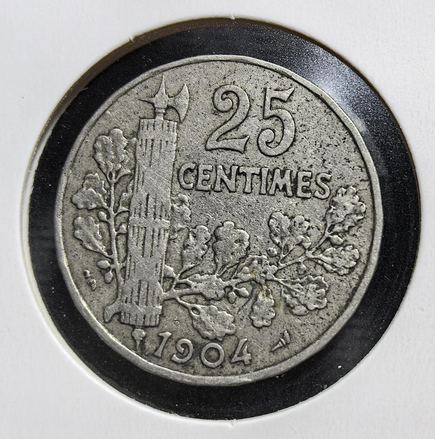 外国优质老铜币银币苏联纪念章，每周六晚九点倒数截拍，满百包邮可寄存，持续收拍 法国第三共和国1904年25生丁镍币，由雕刻师 A.Patey 设计，正面为玛丽安娜头像，背面是束棒与橡树枝，是法国首批采用镍材质的 25 生丁硬币，见证了当时政教分离等重要历史节点。史背景