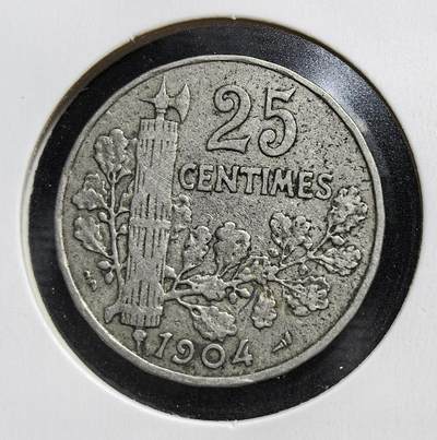 外国优质老铜币银币苏联纪念章，每周六晚九点倒数截拍，满百包邮可寄存，持续收拍 - 法国第三共和国1904年25生丁镍币，由雕刻师 A.Patey 设计，正面为玛丽安娜头像，背面是束棒与橡树枝，是法国首批采用镍材质的 25 生丁硬币，见证了当时政教分离等重要历史节点。史背景