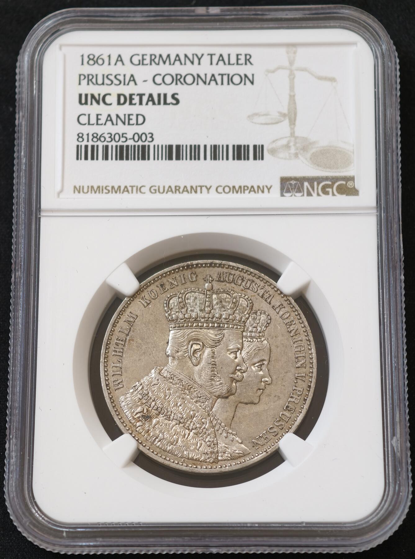 甄臻铺-世界币章拍卖（第54期），3月28日甄品场拍品征集中，送拍享返佣金等优惠多多 NGC-UNCD 1861年普鲁士毛衣1泰勒银币