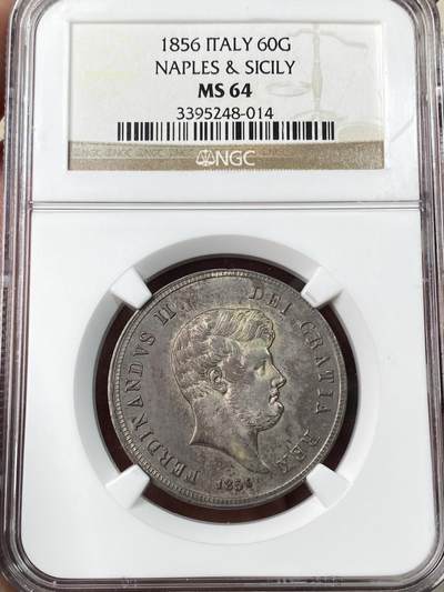 万国钱币拍卖第062期 - NGC MS64 1856年意大利那不勒斯和西西里60G银币 原光深打NGC老盒 原味纸袋包浆难得好品收藏级