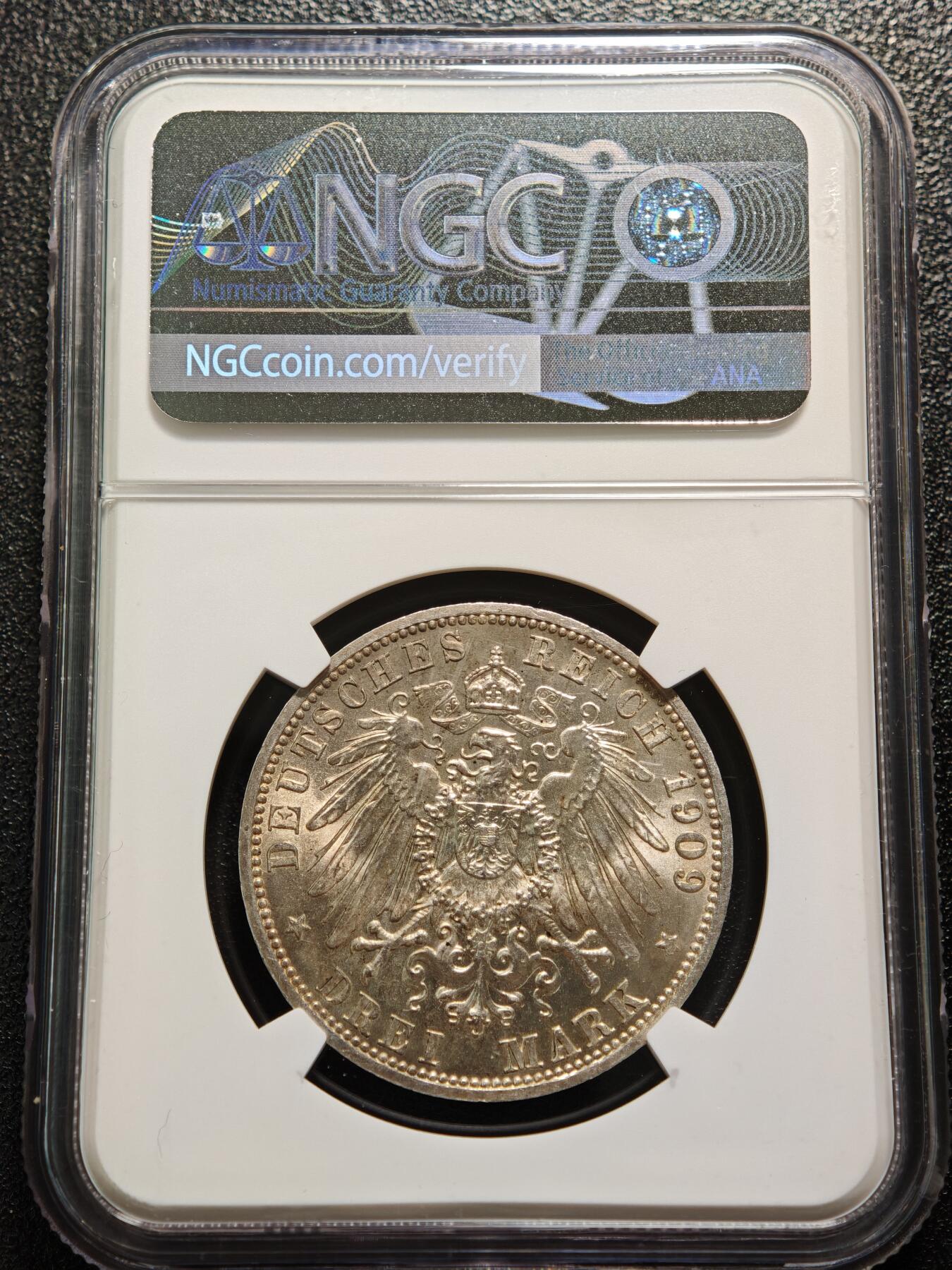 【德藏】世界币章拍卖第167期（拍品征集中~欢迎藏友联系） 1909年 德国普鲁士威廉二世3马克银币 NGC MS63 原光十足