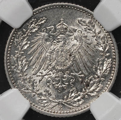 修遠堂世界钱币第107期 - NGC MS63 1913年德国1/2马克银币，E厂铭，少见的年份厂铭，盒子年代标识有误