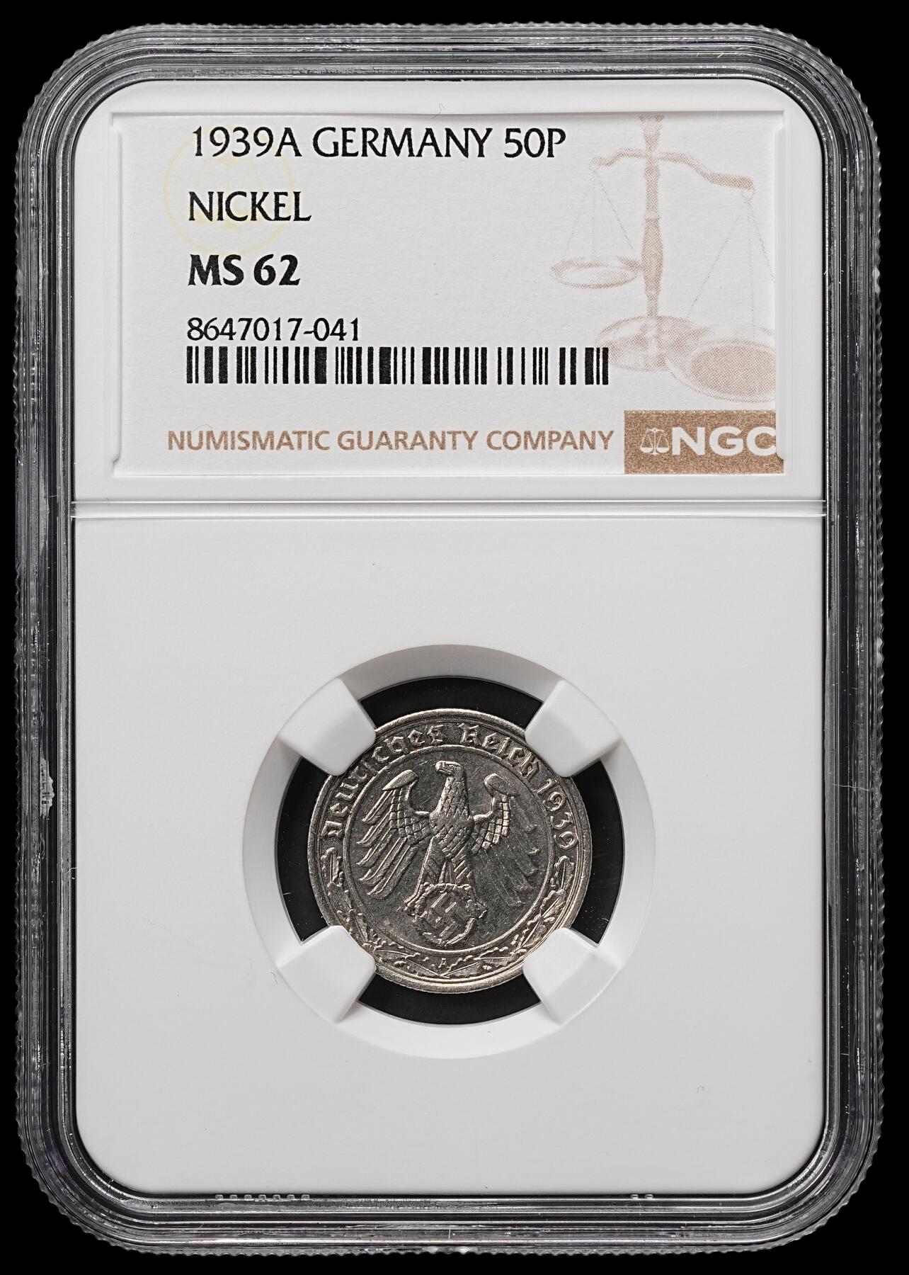 修遠堂世界钱币第107期 NGC MS62 1939年德国50芬尼，坦克币，A厂铭